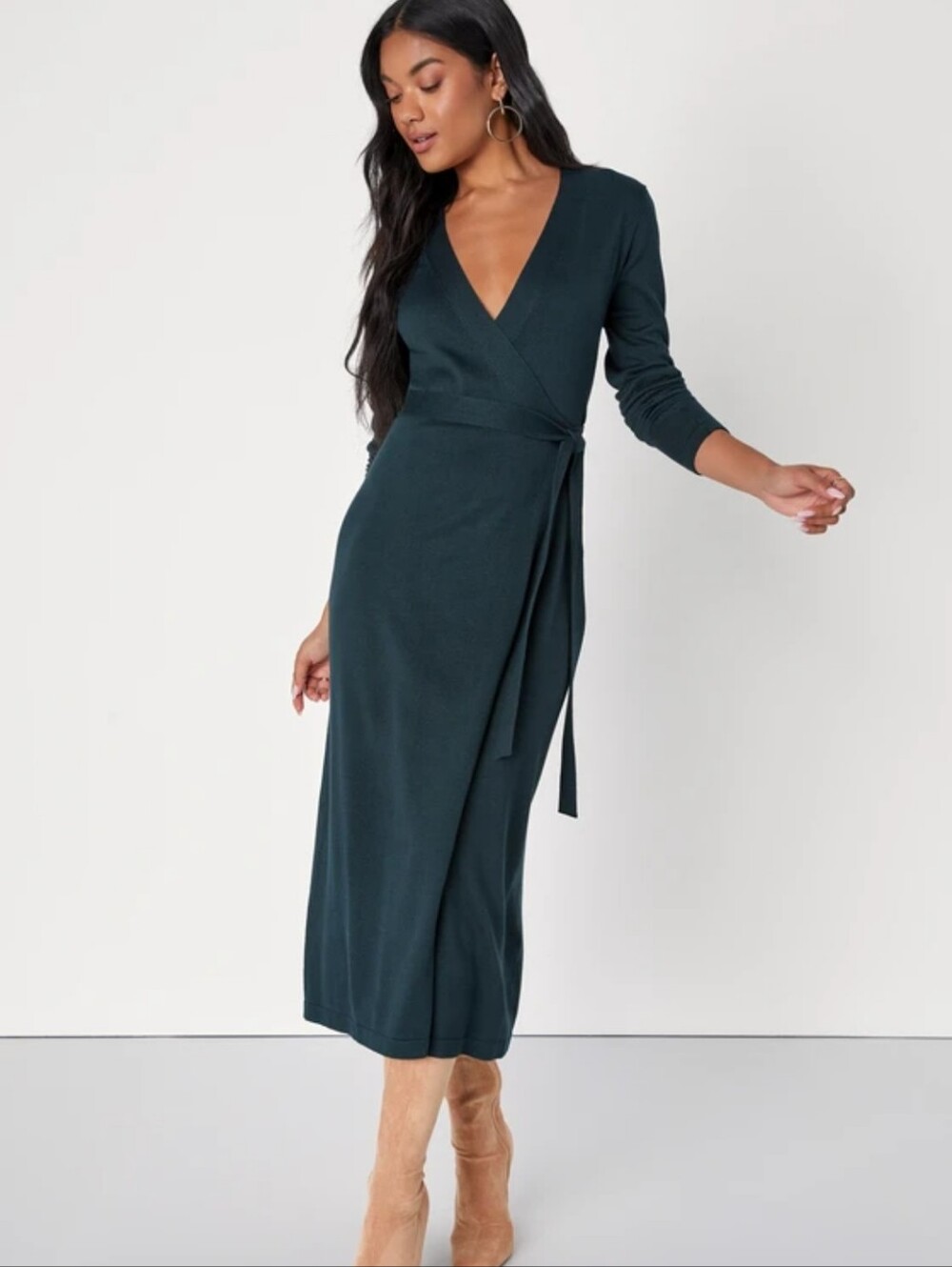 NWT Lulus Literary Lover Emerald Green Midi Wrap Knit Sweater Dress Sz M